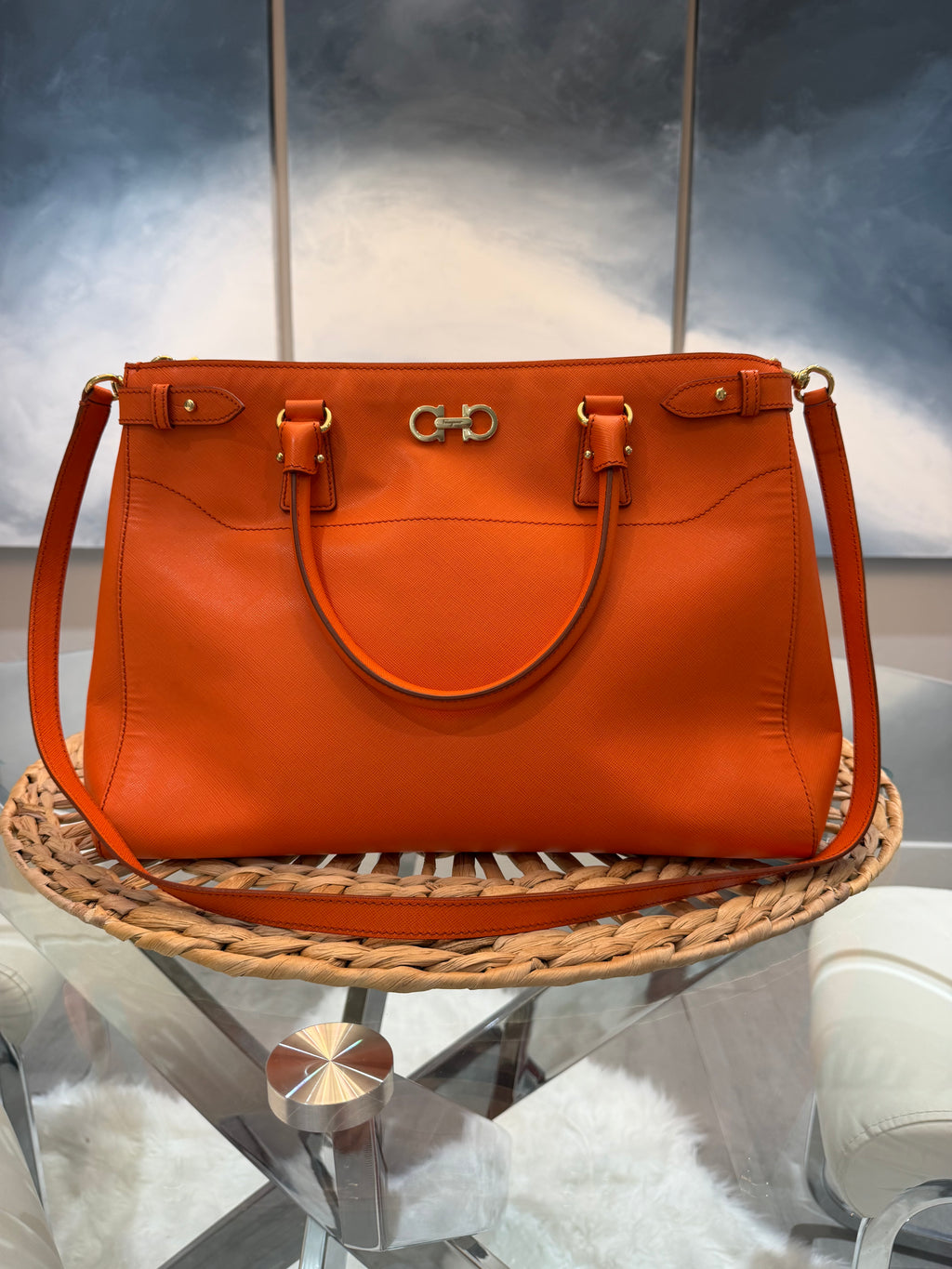 Ferragamo Orange Saffiano Two-way Tote