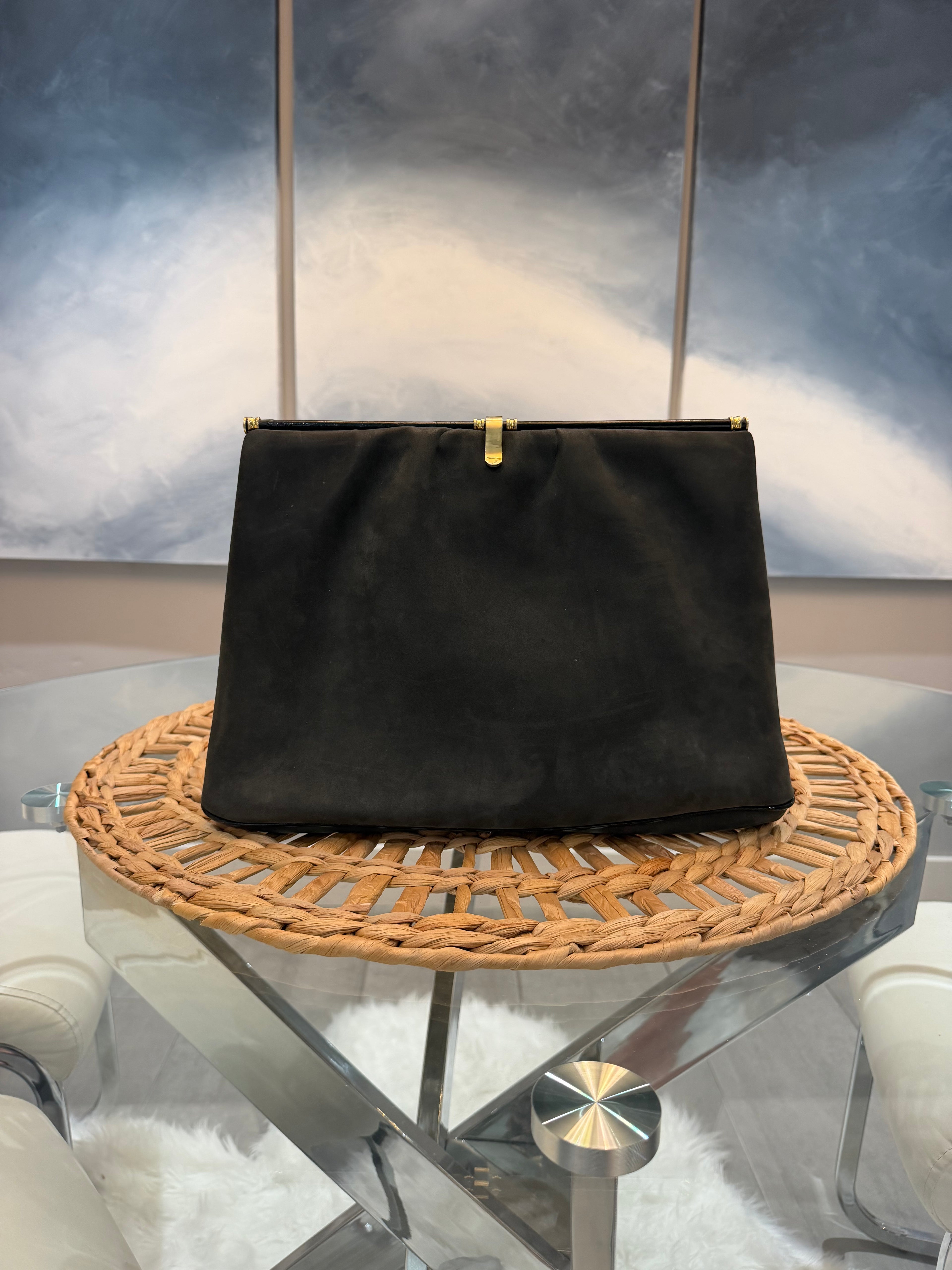 Mark Cross Vintage Frame Clutch – Black Leather with Gold-Tone Hardware